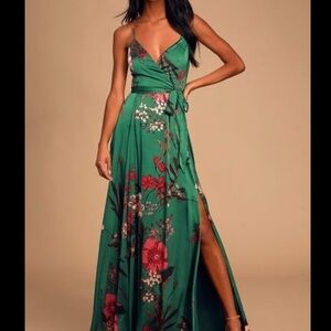 Lulu's Green Floral Maxi Dress with Slit and Spaghetti Straps Still the One